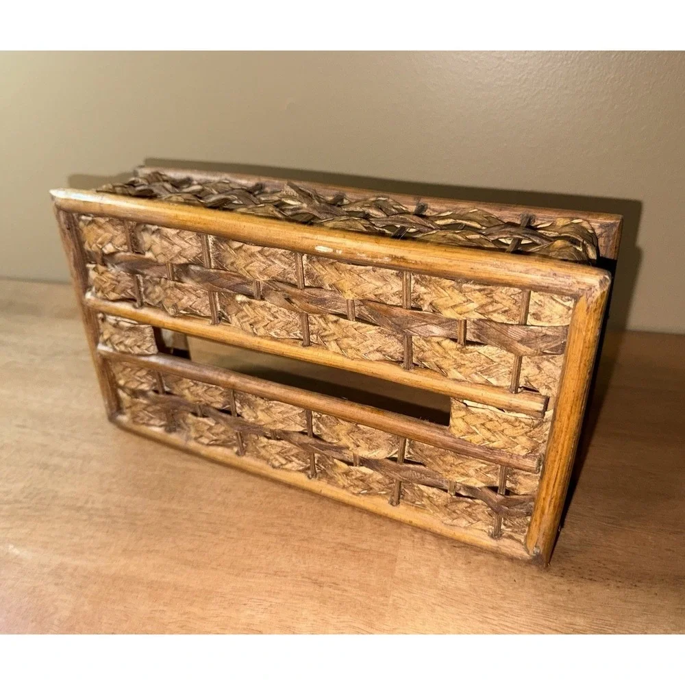 Vintage Woven Wicker Bamboo Tissue Box Cover Rectangular Boho Rattan Holder